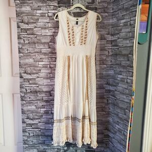 Bohemian Maxi Dress Eyelet Embroidery Tassel Smoked Elastic Waist Tiered Size 2X